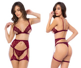 Maroon lace lingerie three piece set with intricate floral patterns and adjustable straps by Mapale 8872 rosewood