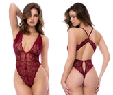 Mapale 8875 bodysuit in rosewood color featuring a deep red lace fabric with intricate floral patterns and halter neckline