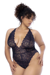 Mapale 8875x midnight blue bodysuit in black lace with intricate floral patterns and a halter neckline
