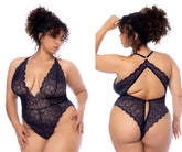 Mapale 8875x midnight blue bodysuit with black lace floral patterns and halter neckline for elegant wear