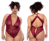 Mapale 8875X bodysuit in rosewood deep red lace with halter neckline and open back design shown from back side