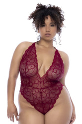 Mapale 8875X bodysuit in rosewood deep red lace with halter neckline and intricate floral patterns