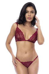 Mapale 8876 two piece set rosewood color maroon lace bra and matching thong with intricate floral patterns
