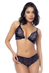 Navy blue lace bra with gold toned circular clasp and matching high waisted panties in mapale 8877 set