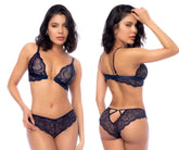 Mapale 8877 two piece set midnight blue lace bra and matching thong with intricate floral patterns and satin trim