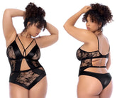 Black lace Mapale 8881X bodysuit with satin trim and cutout details in black showing front side design