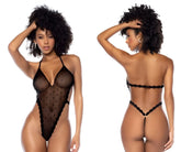 Black sheer Mapale 8883 teddy bodysuit with lace trim and polka dot pattern in a sheer delicate fabric