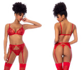 Red lace lingerie set with matching garter belts and thigh-high stockings by Mapale in vibrant red color