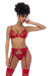 Red lace lingerie three piece set by mapale with intricate floral patterns and matching garter straps in red