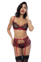 Mapale 8898 three piece set black red lace lingerie with heart patterns in red and black colors
