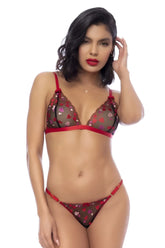 Red and black lace bra with heart pattern from mapale 8899 two piece set in black and red colors