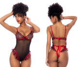Red and black lace bodysuit with sheer mesh panels ruffled trim and back tie detail from mapale 8900 teddy back view