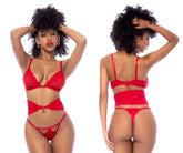 Red lace lingerie three piece set by Mapale with thin straps and central clasp in vibrant red color