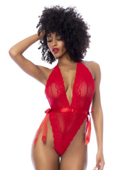 Red lace bodysuit mapale 8905 teddy with deep v-neckline and satin ribbon ties at the waist in red