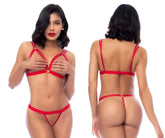 Red lace lingerie two piece set by mapale 8907 featuring thin straps and thong bottom in vibrant red color