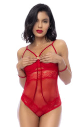 Red lace bodysuit teddy with sheer mesh panels and floral embroidery edges by Mapale 8908 in red color