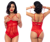 Red lace bodysuit with thin straps and front closure by Mapale 8908 in vibrant red color
