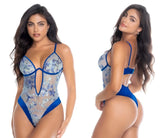 Blue floral lace bodysuit with sheer mesh and satin trim by Mapale in fantasy blue color