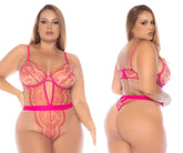 Pink lace teddy with gold embroidery and matching pink straps from mapale 8912x in rose whisper color