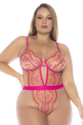 A vibrant pink lace teddy with intricate floral patterns and matching straps from Mapale 8912X rose whisper collection