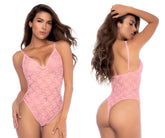Light pink lace bodysuit by Mapale 8916 with thin spaghetti straps and a flattering backless design shown from the back