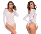 White lace long-sleeved bodysuit with scoop neckline and back cutout by mapale 8917 in white