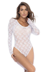 White lace long-sleeved bodysuit with sheer floral pattern and scoop neckline by mapale 8917 in white