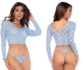 Light blue lace long-sleeved crop top with round neckline and matching thong from mapale 8918 two piece set