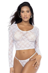 White lace long-sleeved crop top with sheer floral pattern and fitted design from mapale 8918 two piece set color white