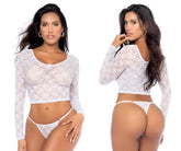 White lace long-sleeved crop top with matching thong set in white by mapale 8918 two piece set