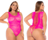 Bright pink lace bodysuit by mapale 8921x showing crisscross back design and delicate lace material