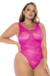 Fuchsia lace bodysuit with scoop neckline and high-cut legs from Mapale 8921X in pink color