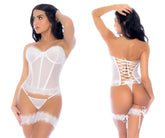 White lace corset with sheer panels and back lacing from mapale 8933 four piece set in white shown from the back