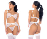 White lace lingerie set with sheer mesh and delicate floral embroidery by mapale 8935 three piece set color white