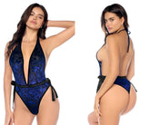 Mapale 8940 teddy deep blue lace one-piece swimsuit with plunging neckline black fabric trim and back ties shown from back