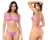 Purple lace lingerie set by mapale featuring a triangle bra and thong with delicate floral patterns in wild orchid