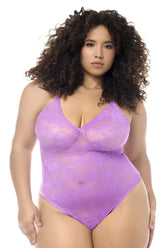 Mapale 8950x lavender lace bodysuit with v-neckline and delicate floral pattern in wild orchid color
