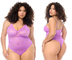 Mapale 8950x bodysuit in wild orchid purple lace with thin straps and a v neckline for elegant lingerie wear