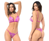 Fuchsia lace lingerie two piece set with floral embroidery and thin straps by mapale in azalea color