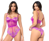 Vibrant purple lace teddy with sheer mesh panels and floral embroidery by Mapale 8953 in color Azalea