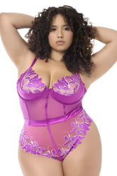 Purple lace bodysuit with sheer mesh panels and satin trim in azalea by mapale 8953x teddy