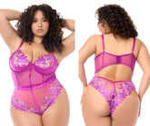 Purple and pink sheer lace bodysuit with floral embroidery mapale 8953x teddy color azalea front view