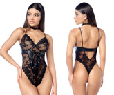 Black lace Mapale 8958 bodysuit with faux leather corset detailing and adjustable straps in black color