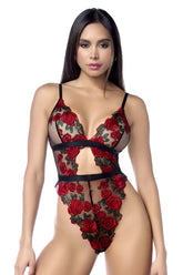 Red rose lace bodysuit with black mesh and satin straps from mapale 8961 teddy in black and red colors