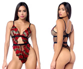 Red rose lace bodysuit with black mesh and straps from mapale 8961 teddy in black and red colors
