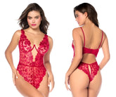 Red lace teddy with floral embroidery and thin straps by Mapale model 8963 in vibrant red color