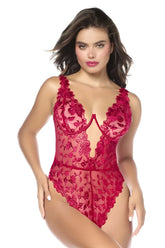 Mapale 8963 teddy in vibrant red lace with intricate floral embroidery and deep v-neckline detailing