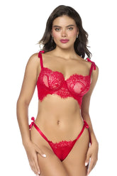 Red lace bra and matching thong two piece set with satin ties in red by mapale 8968 for intimate wear