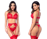 Red lace lingerie three piece set by Mapale 8970 featuring intricate floral patterns and matching garter straps