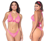 Fuchsia lace two piece lingerie set with halter top and matching thong by mapale 8971 in pink color